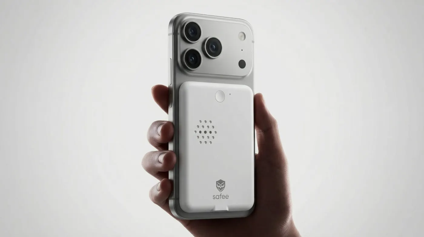 Boîtier Safee clipsé au dos d'un smartphone, tenu en main