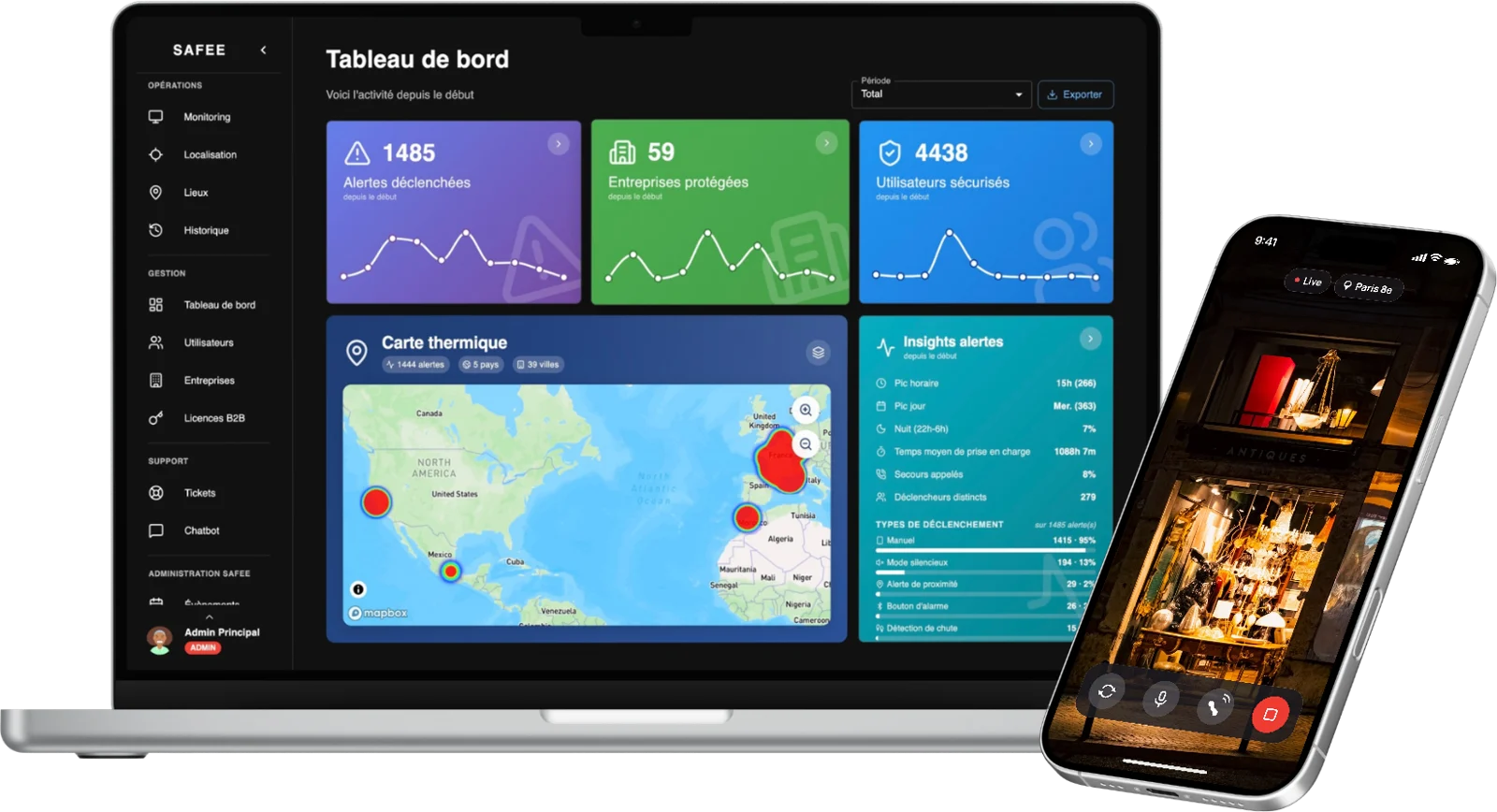 Tableau de bord Safee sur ordinateur et vue en direct d'une alerte sur smartphone