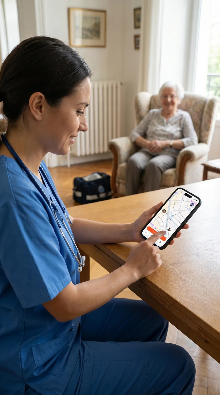 Infirmière chez un patient consultant l'app