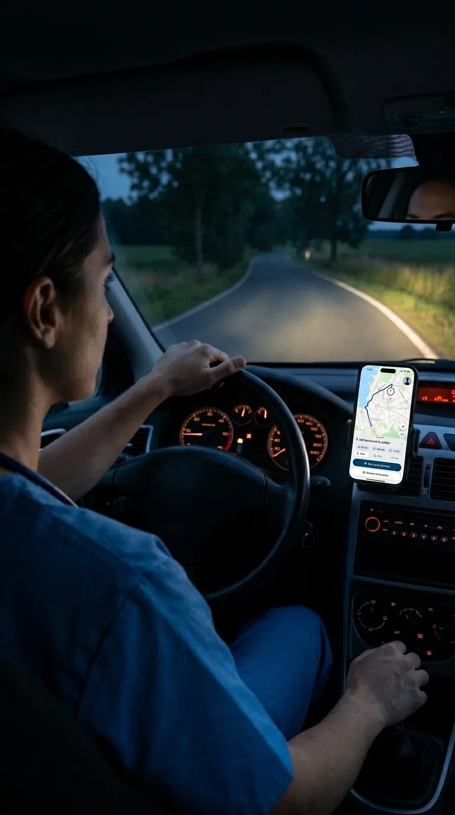 Infirmière au volant la nuit sur une route déserte