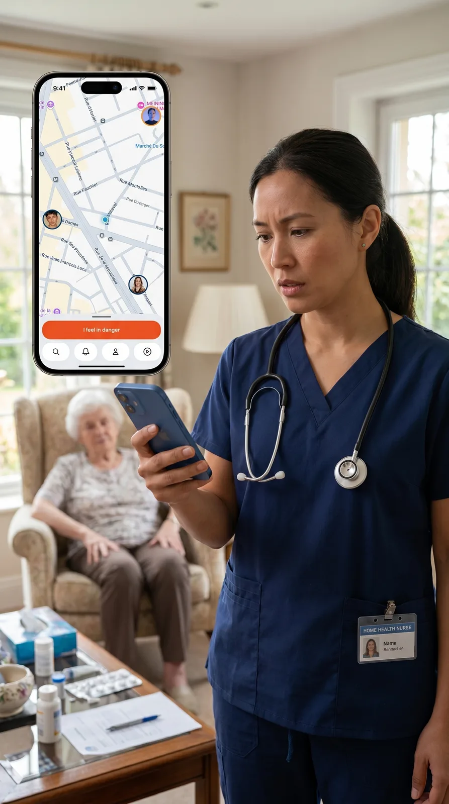 Infirmière inquiète en visite à domicile